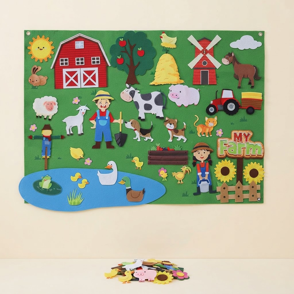 Busy Farm felt board hanging on a wall