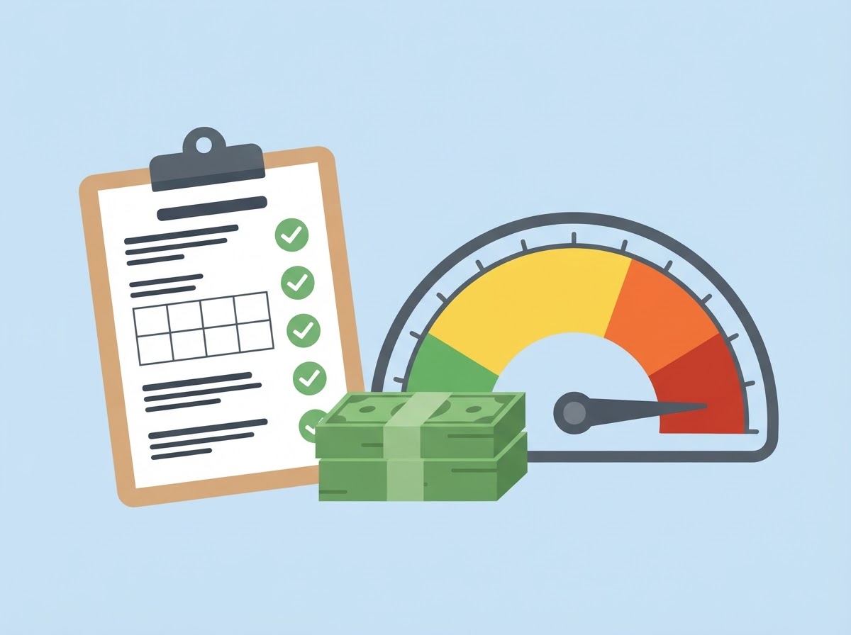 Illustration of a $5,000 personal loan form beside a credit score gauge in the poor range