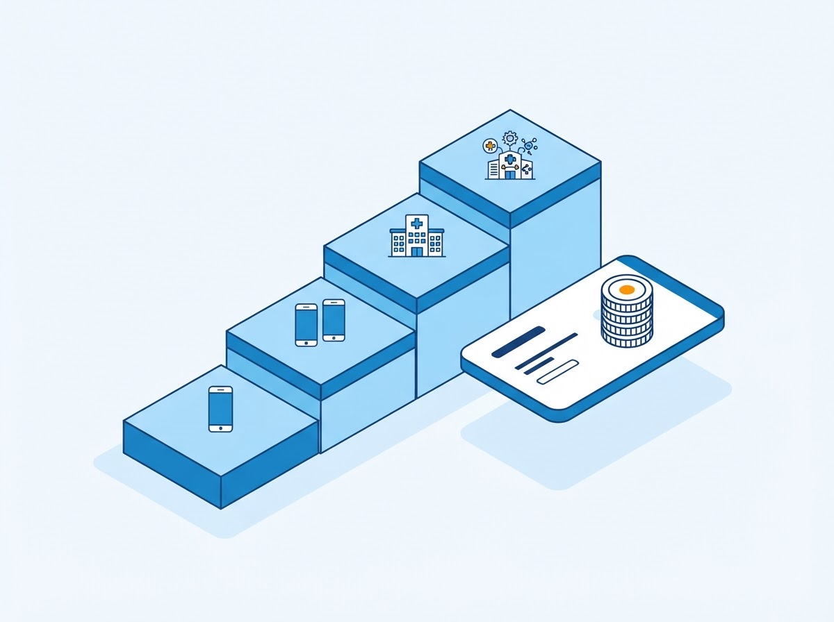 Isometric illustration of ascending product tiers beside a cost estimate card and coin stack