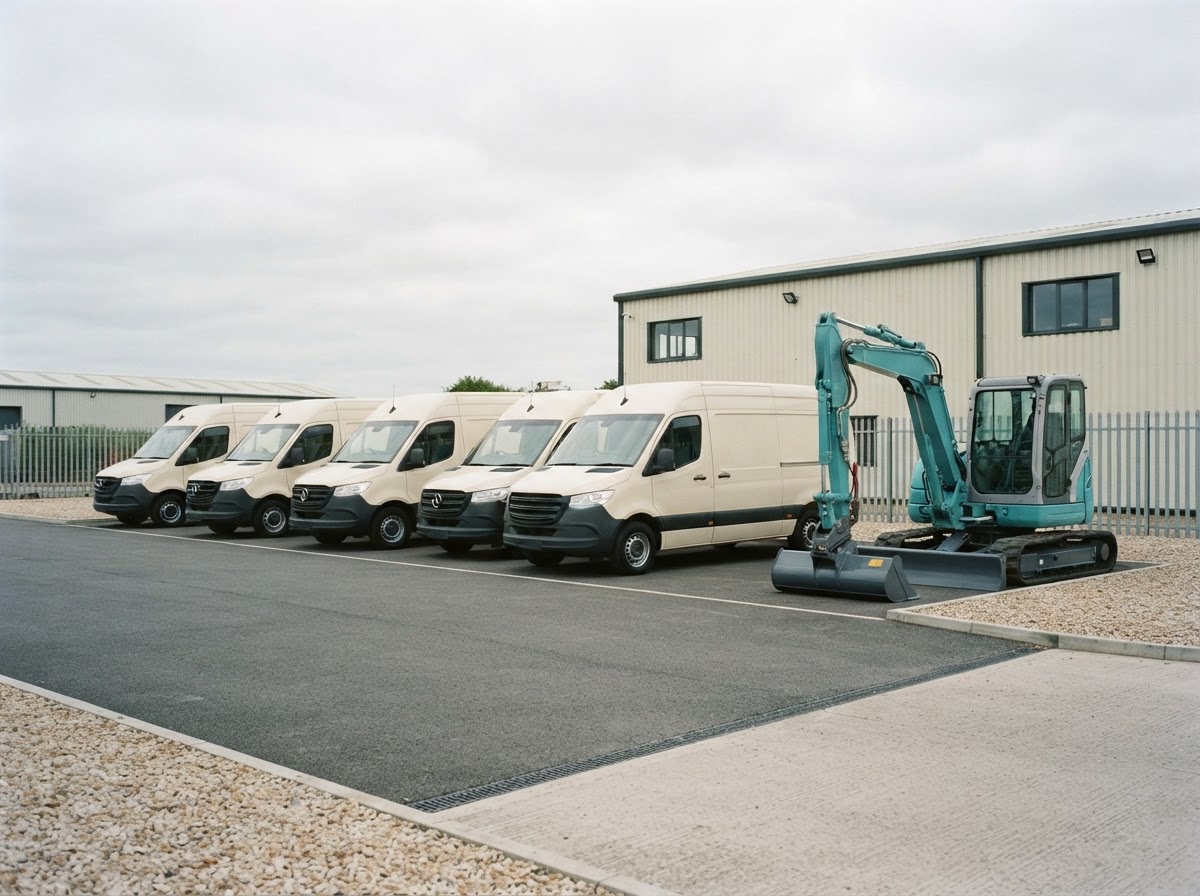 Commercial vans and plant machinery in a yard