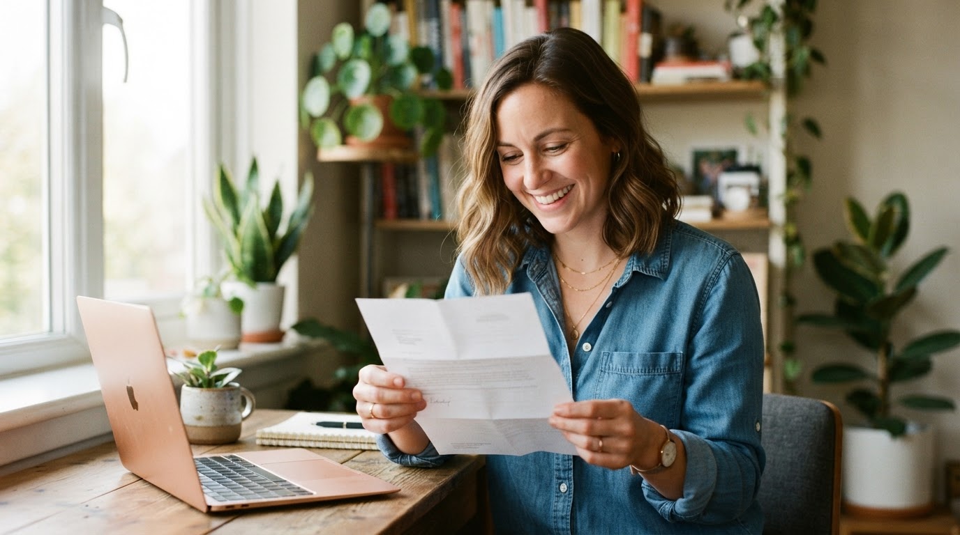 Woman smiling while reading her $5,000 personal loan approval letter at home