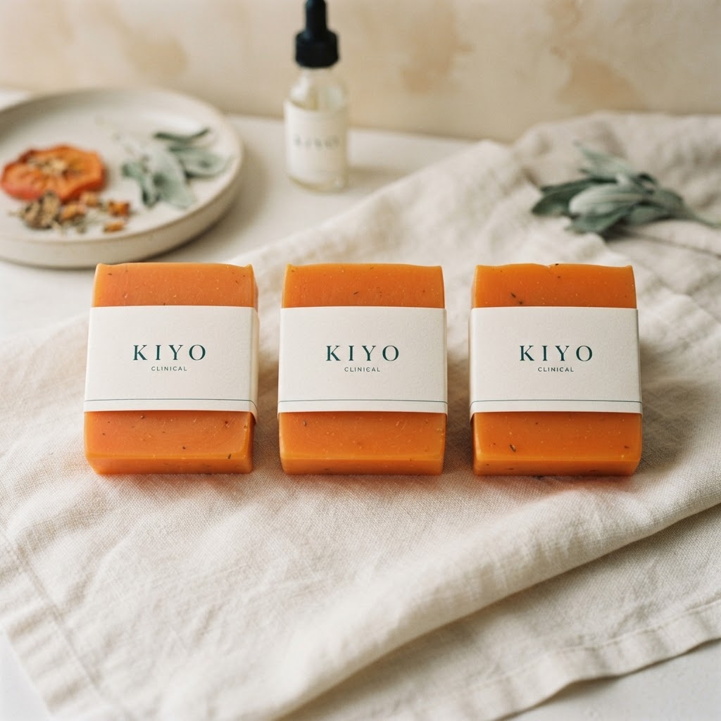 Multi-pack of Kiyo Clinical persimmon soap bars with kraft paper bands