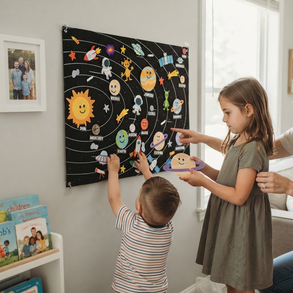 Child playing with the Solar System board
