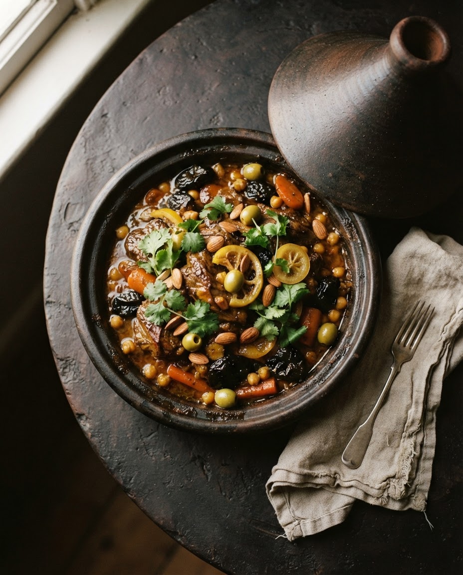 Tagine van lam, pruim & amandel