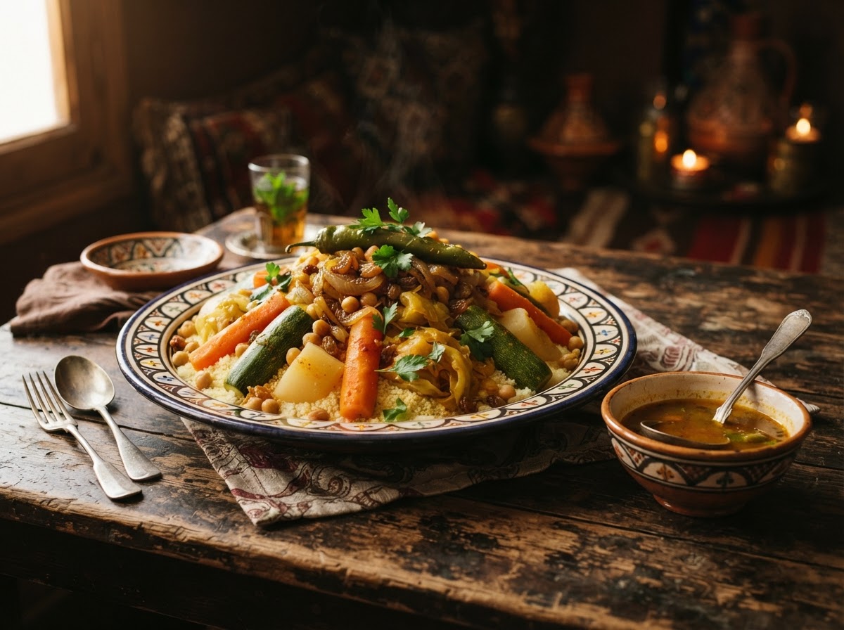 Een schaal Marokkaanse couscous met zeven groenten op handbeschilderd aardewerk