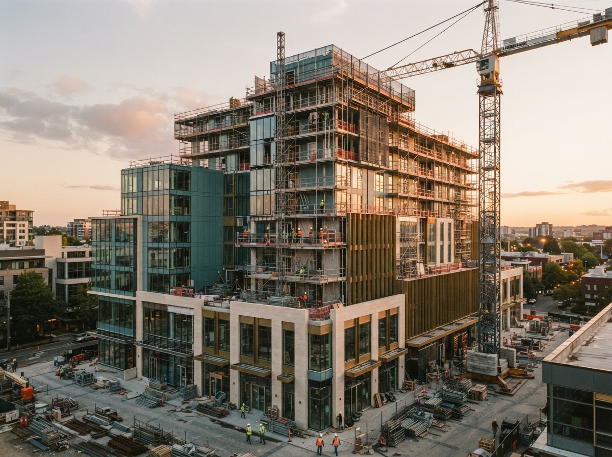 A mixed-use commercial building nearing completion