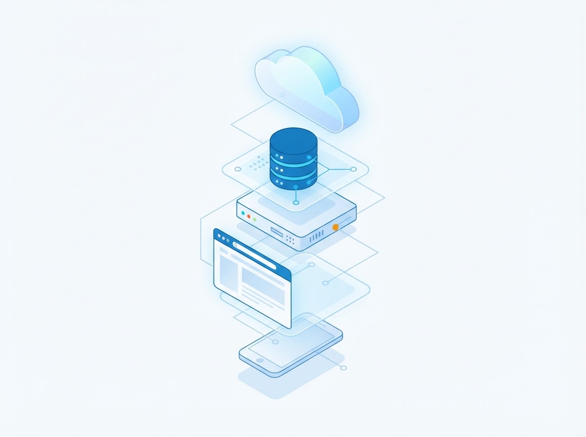 Isometric illustration of stacked technology plates from mobile and browser to server, database and cloud