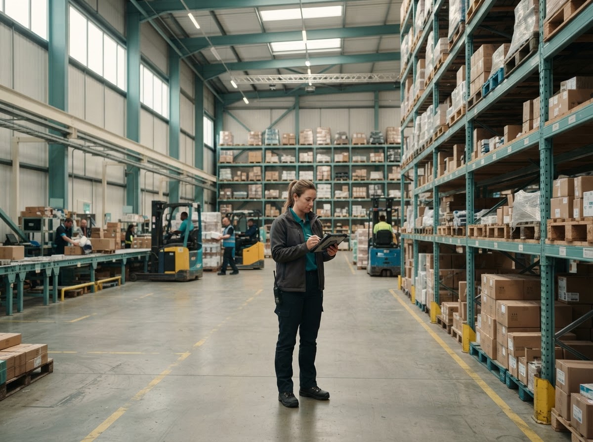 A distribution warehouse with stock on racking