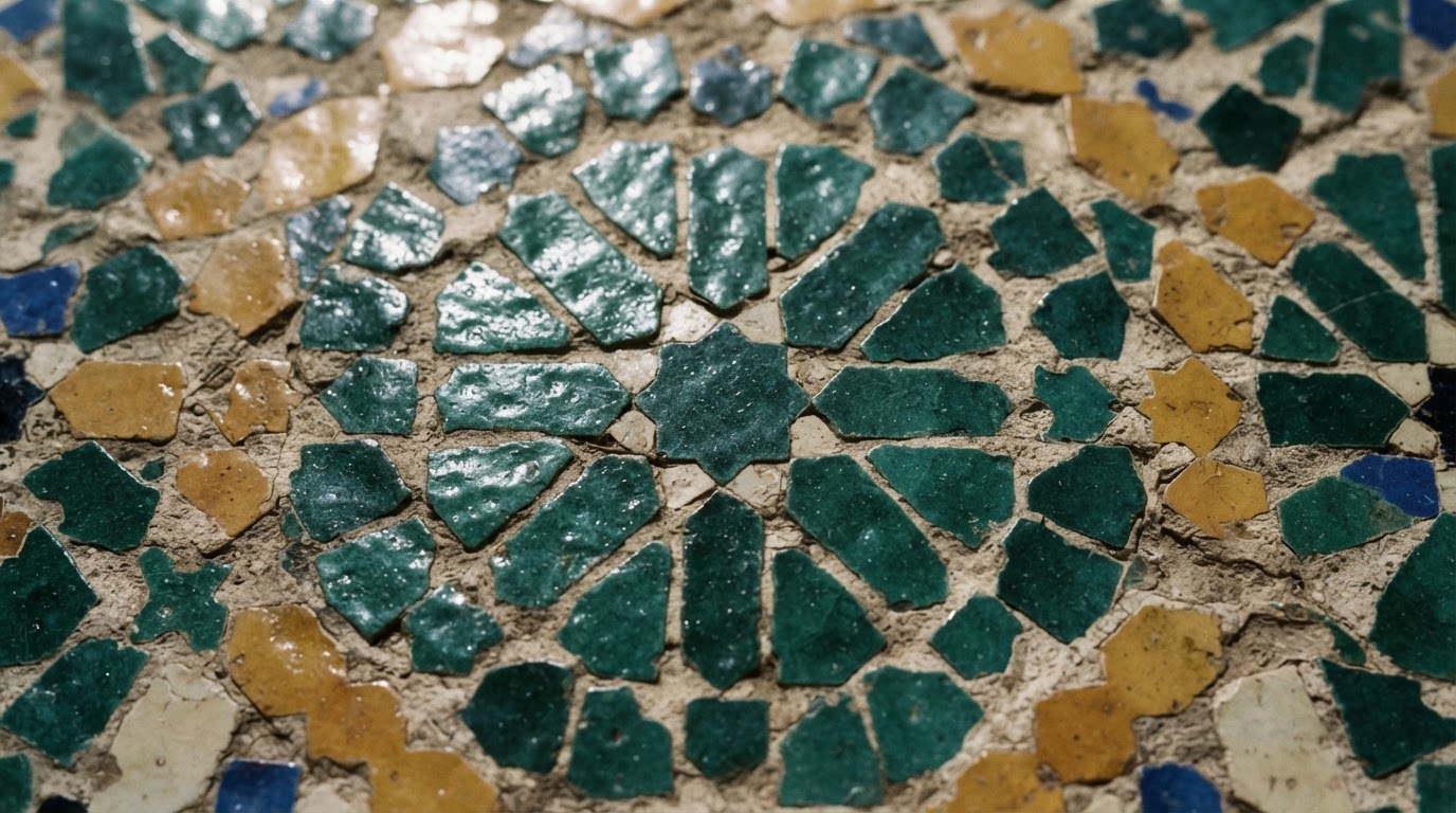 Close-up van handgesneden Marokkaanse zelligetegels in teal en oker