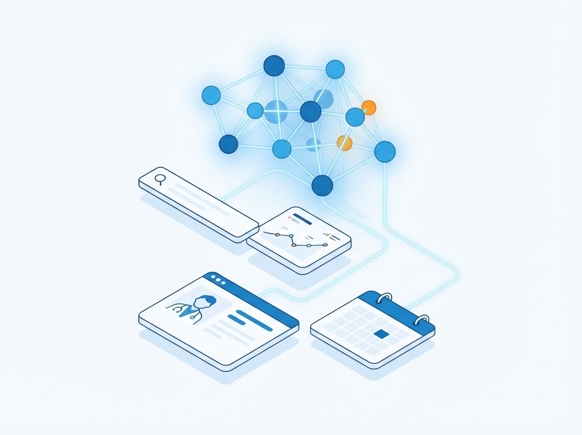 Isometric illustration of a neural node cluster linked to a search panel, analytics chart and doctor profile card