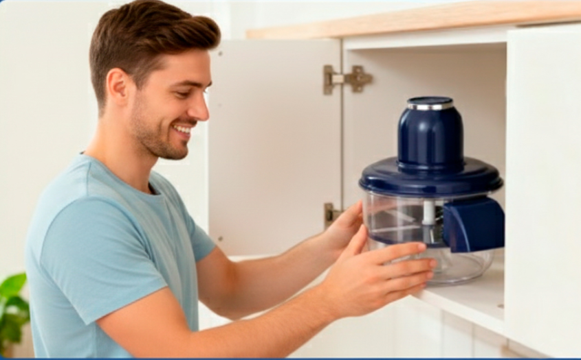 Compact peeling machine being stored in cabinet
