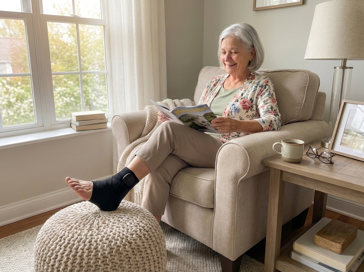 Senior woman sitting in recliner wearing Evuora ankle device, relaxed and reading
