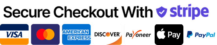 Pago seguro con Stripe — Visa, Mastercard, American Express, Discover, Payoneer, Apple Pay, PayPal