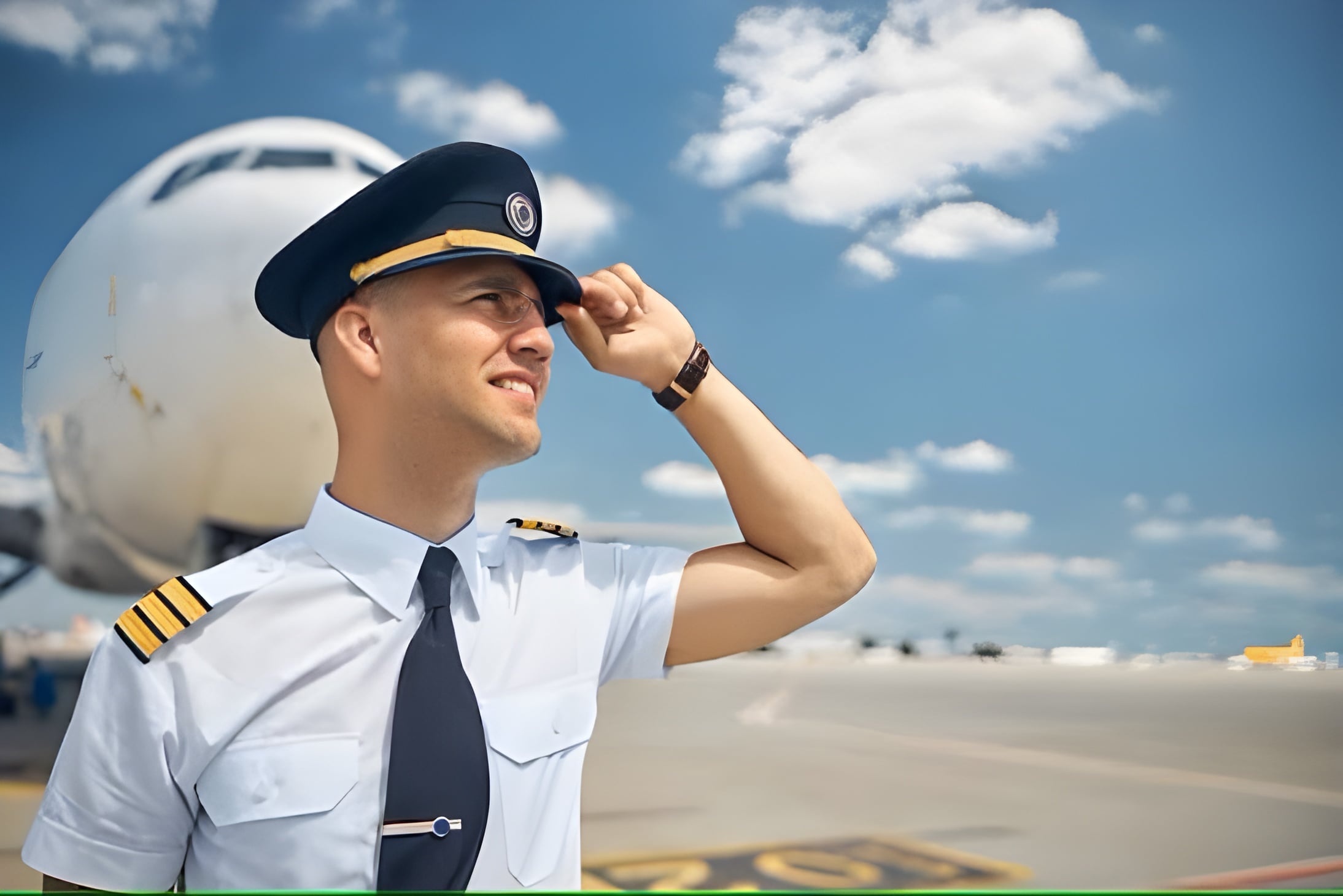 Commercial pilot in uniform on the apron in front of an airliner