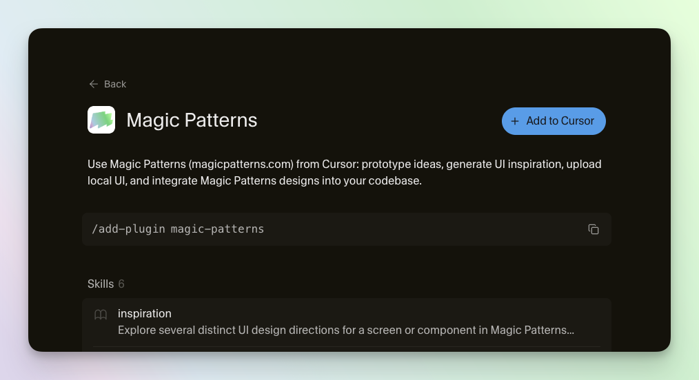 Magic Patterns plugin in the Cursor marketplace