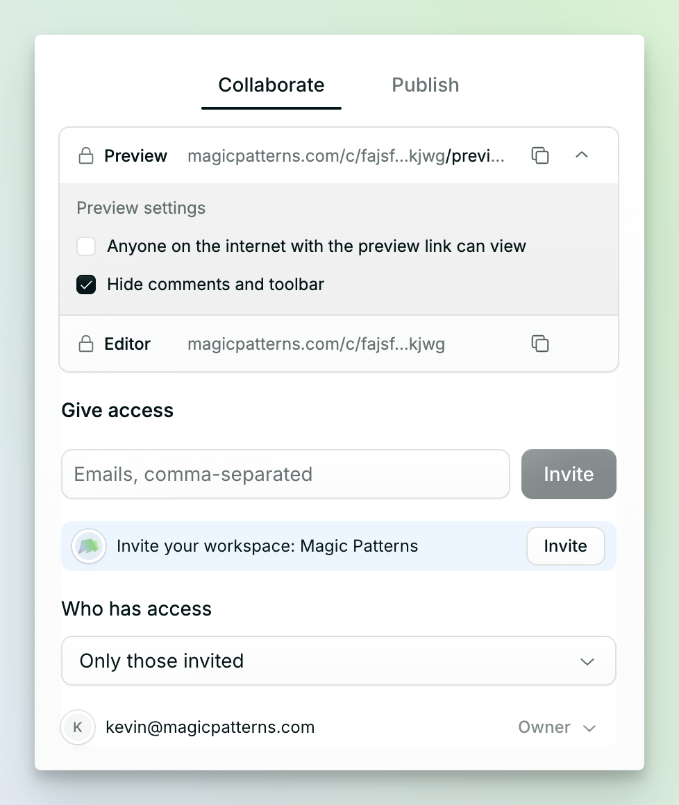 The Collaborate tab in the Share panel