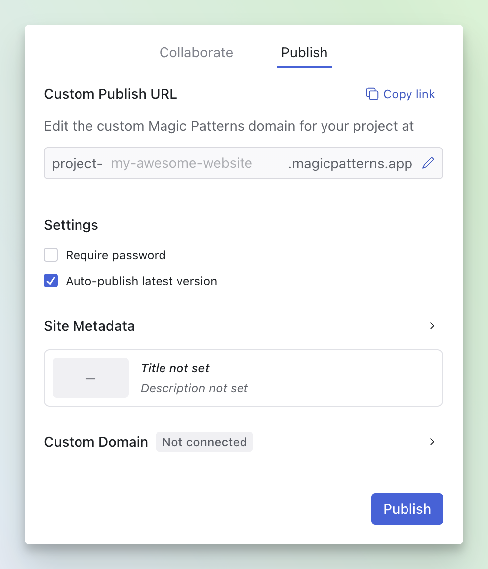 Unified Share panel — Publish tab