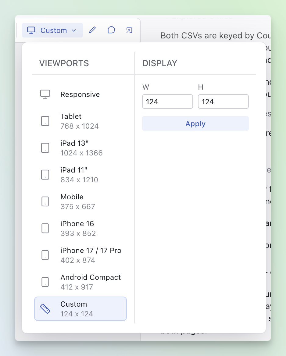 Custom viewport width and height inputs in the viewport panel