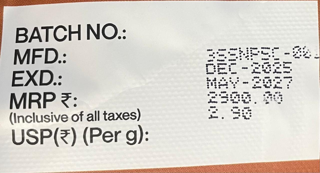 Product label showing batch number location