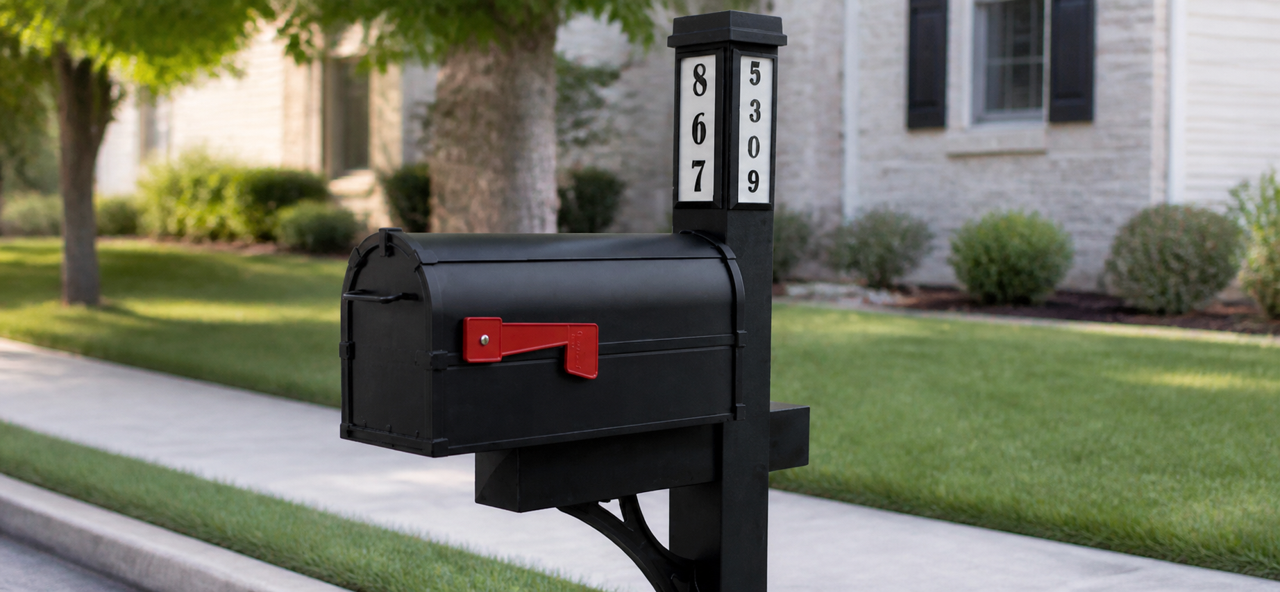 Black traditional curbside mailbox with red flag and address number column installed at a residential curb