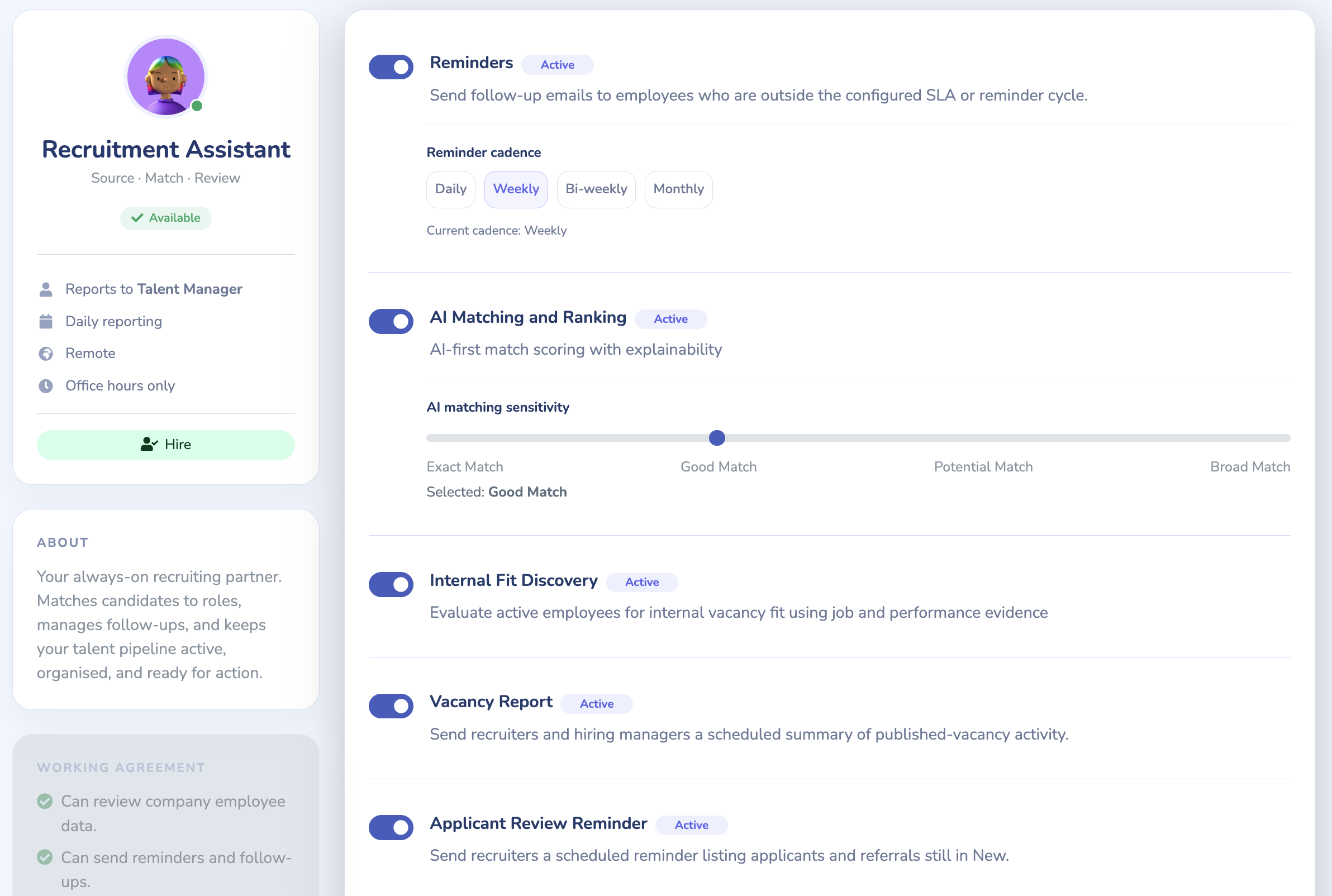 Example Doo Recruitment Assistant settings showing matching sensitivity, internal fit discovery and vacancy report controls.