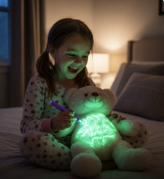 Girl smiling as she draws a glowing heart on her bear