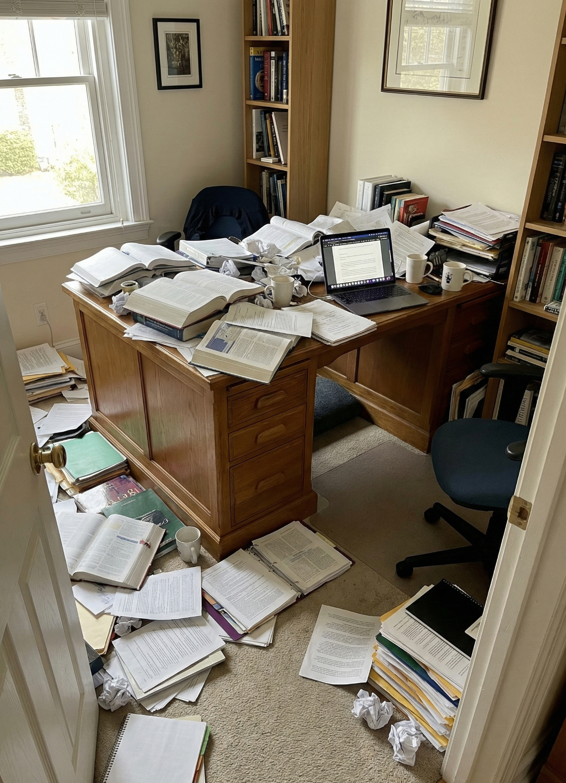 Home office with research materials
