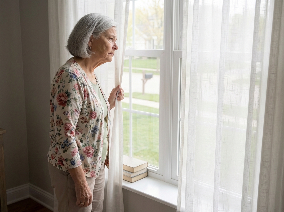 Senior woman at window looking out at mailbox in distance, frustrated expression, holding curtain