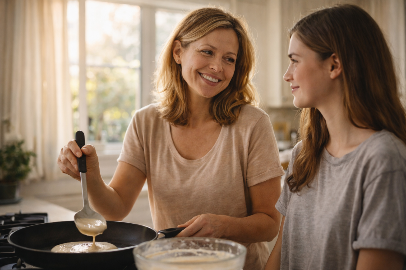 Mutter und Tochter beim Pfannkuchenbacken