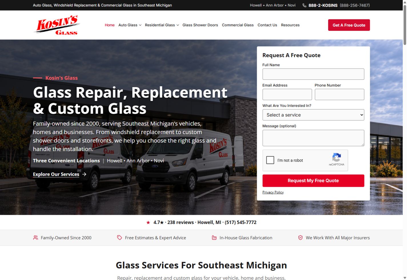 Homepage of the Kosin's Glass website built by WebsiteForge