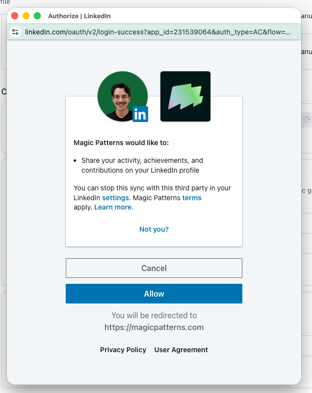 The LinkedIn permission window showing the requested access
