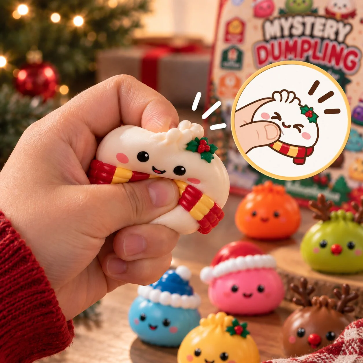 Mystery Dumpling Advent Calendar open to reveal festive squishy toys