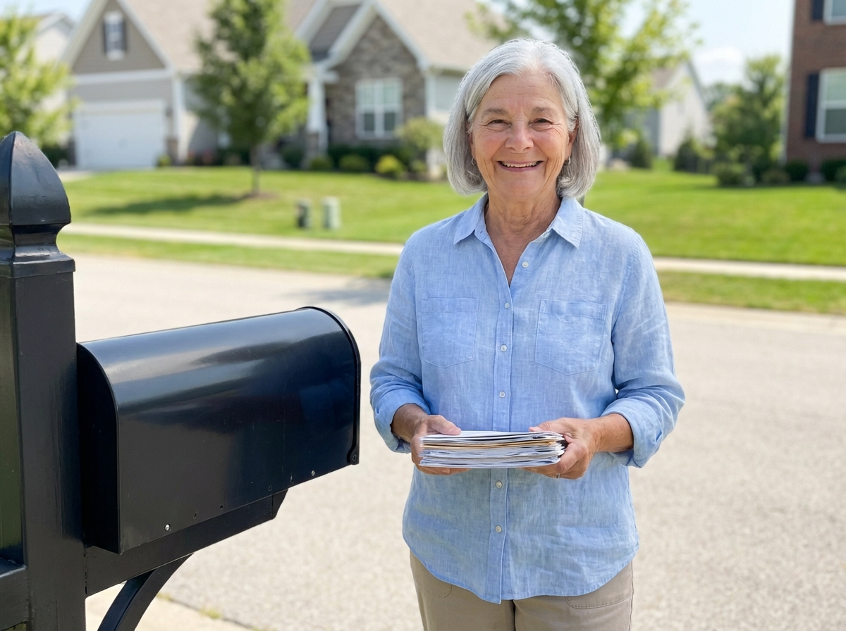 Senior woman standing at mailbox holding mail, genuine smile of accomplishment