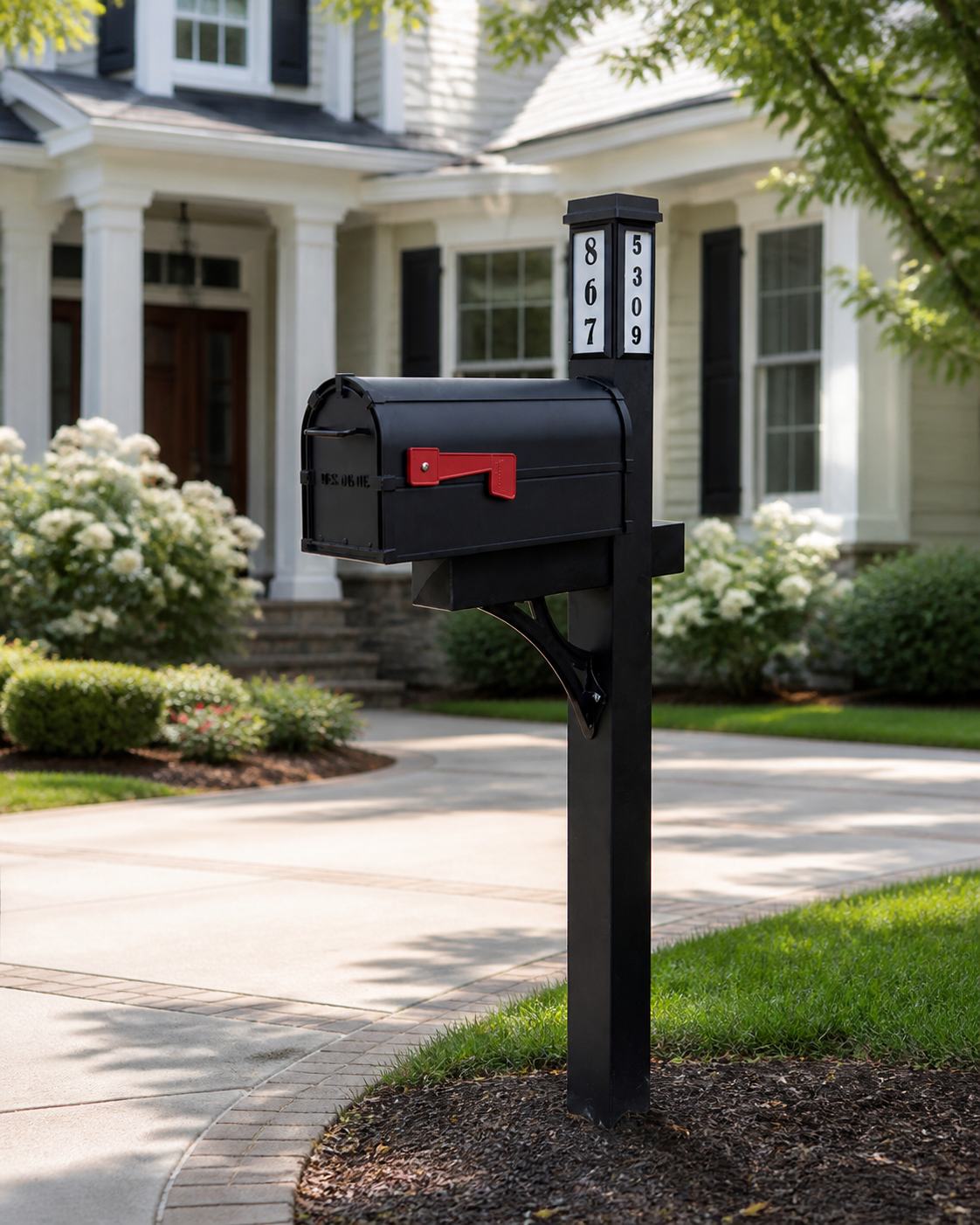 Black Traditional Mount Kit mailbox and post installed in front of a residential home