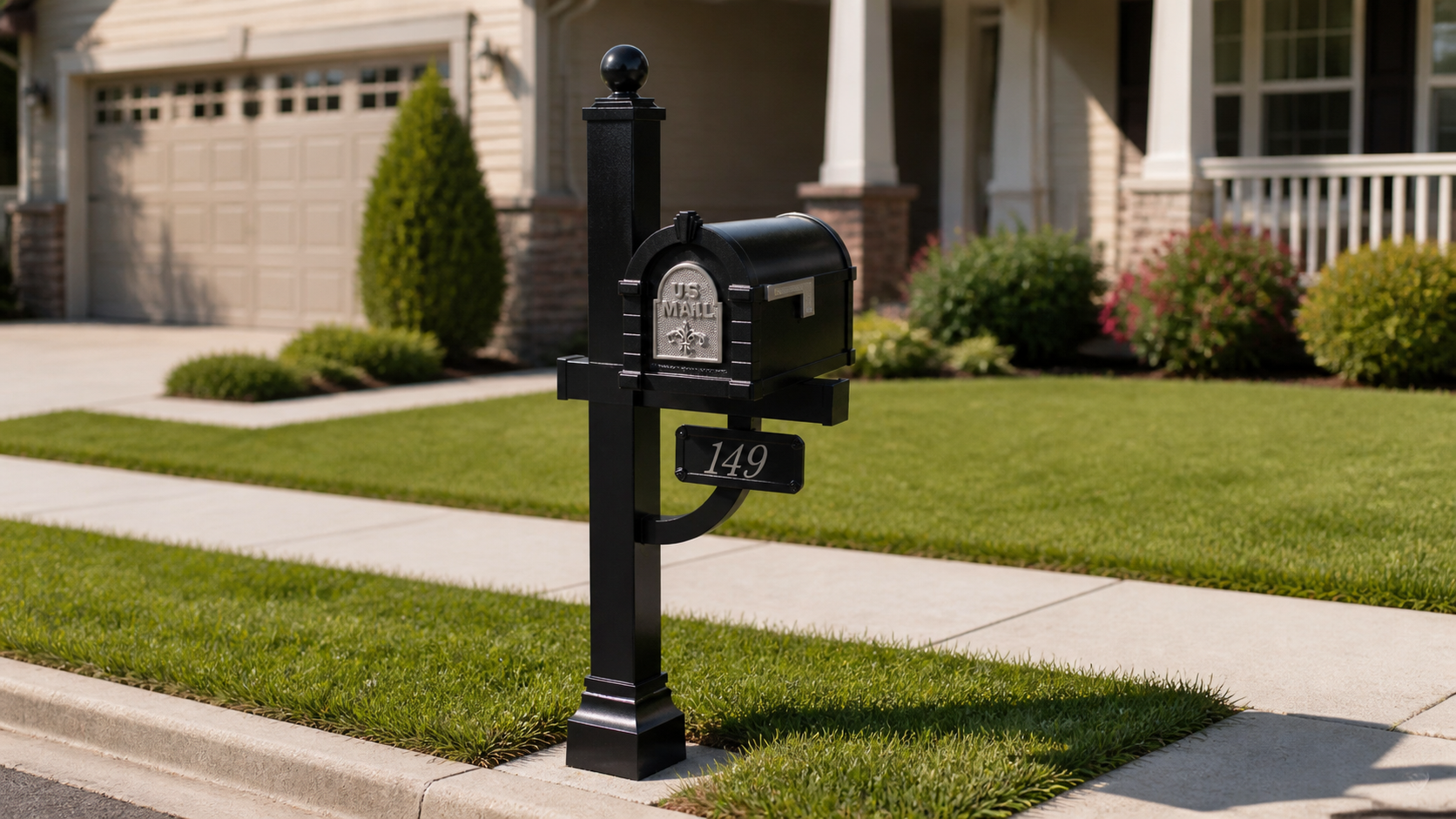 KS-25F Keystone black complete mailbox and post system installed at a residential curb