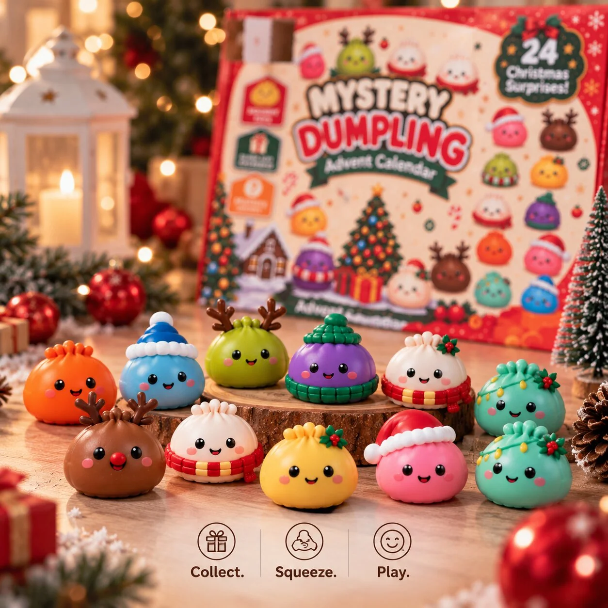 Collection of colorful holiday dumpling squishy characters