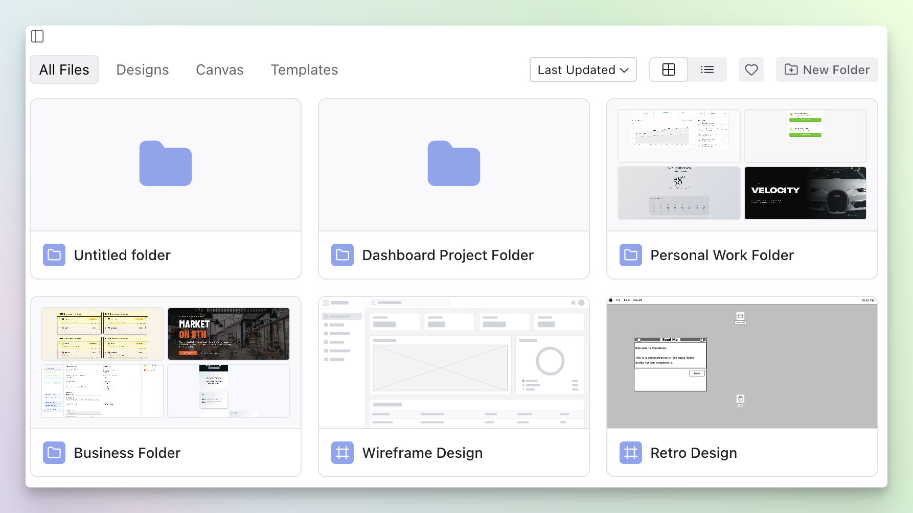 Organizing designs into folders on the dashboard