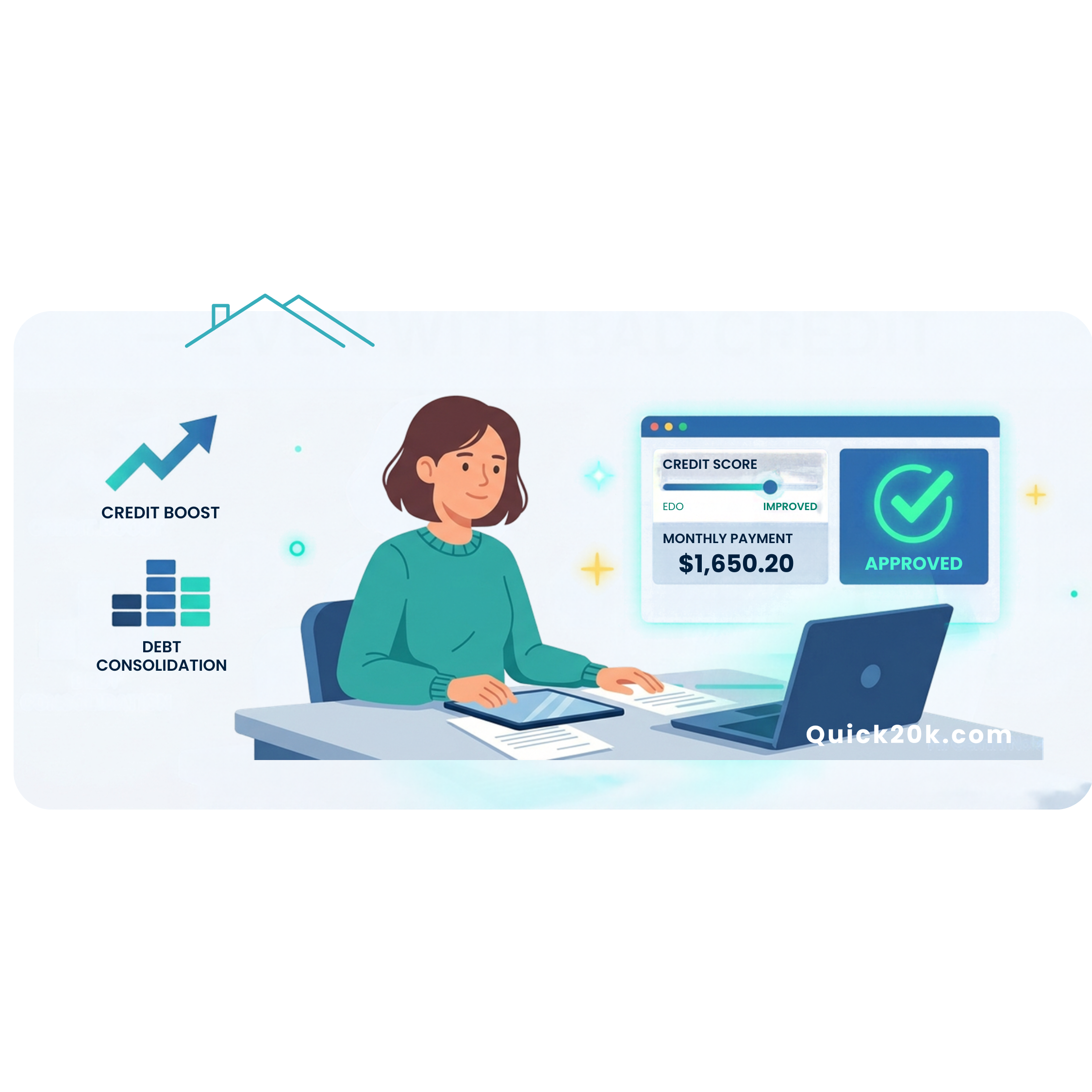 Illustration of a woman at her desk seeing her personal loan approved despite bad credit