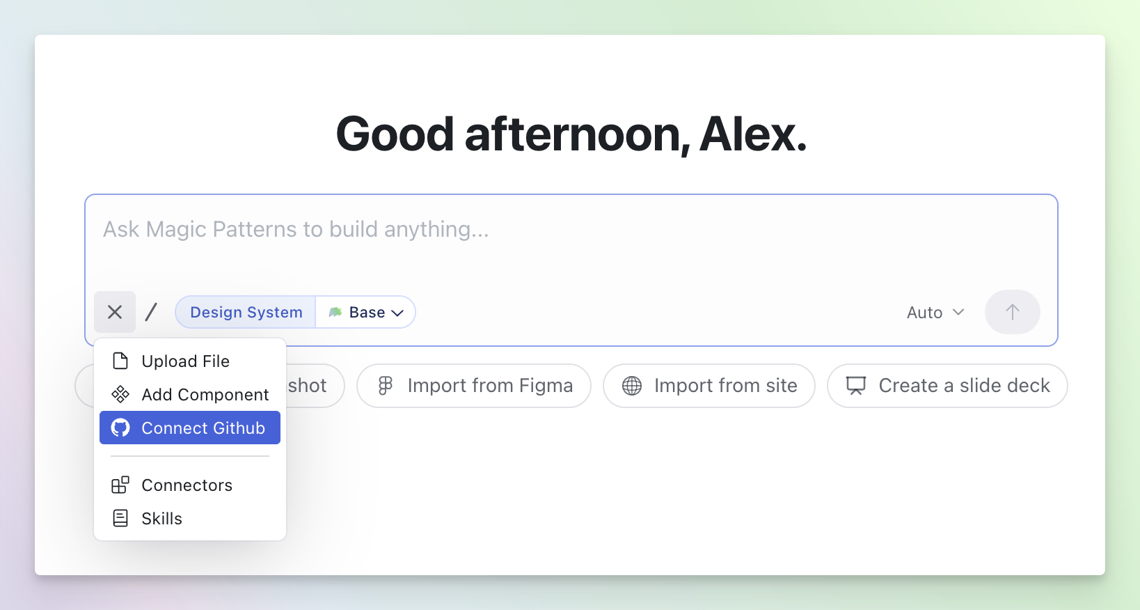 Connect Github option in the prompt bar menu