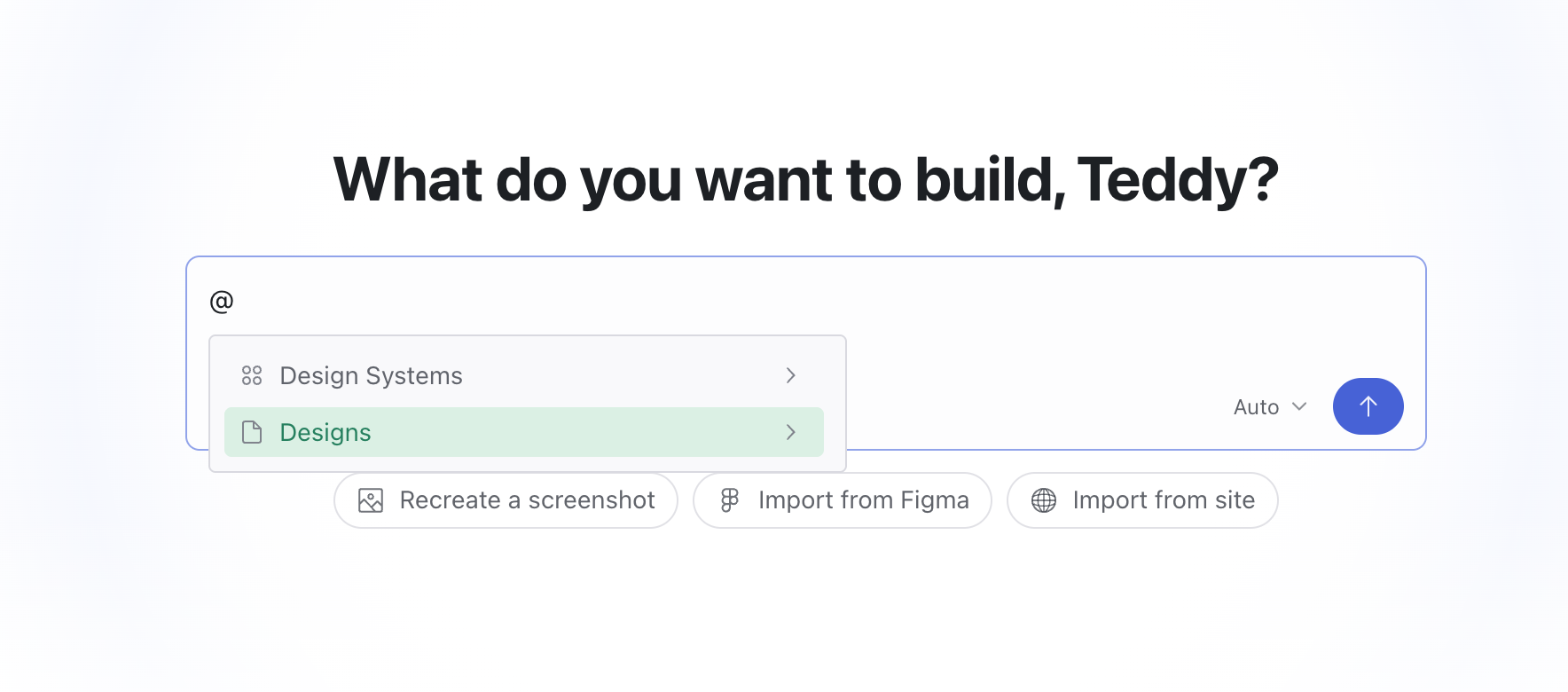 @ menu showing Design Systems and Designs in the prompt bar