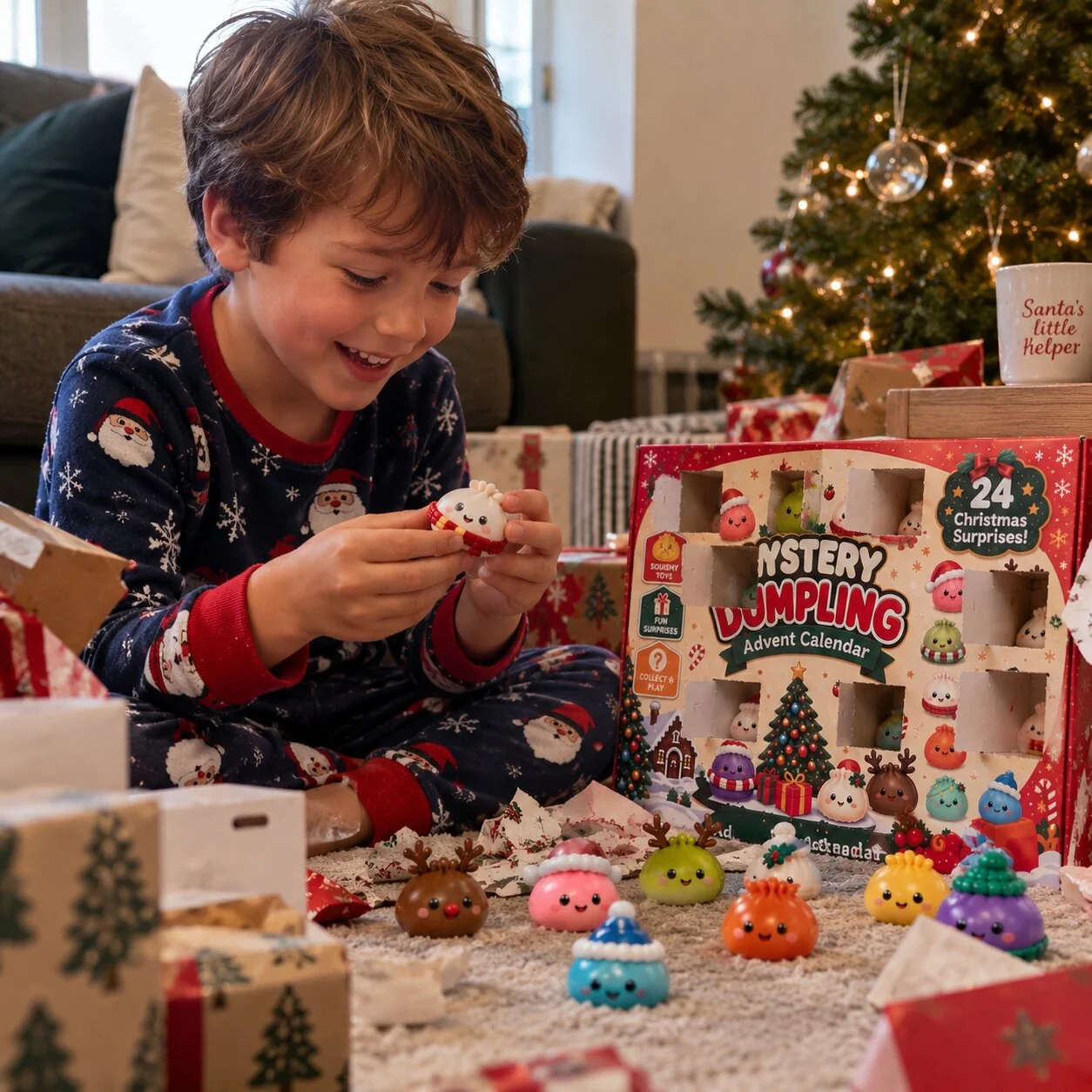 Child enjoying a mystery dumpling squishy beside the advent calendar