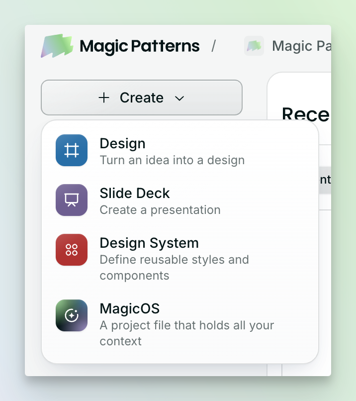 The Create menu on the Magic Patterns dashboard