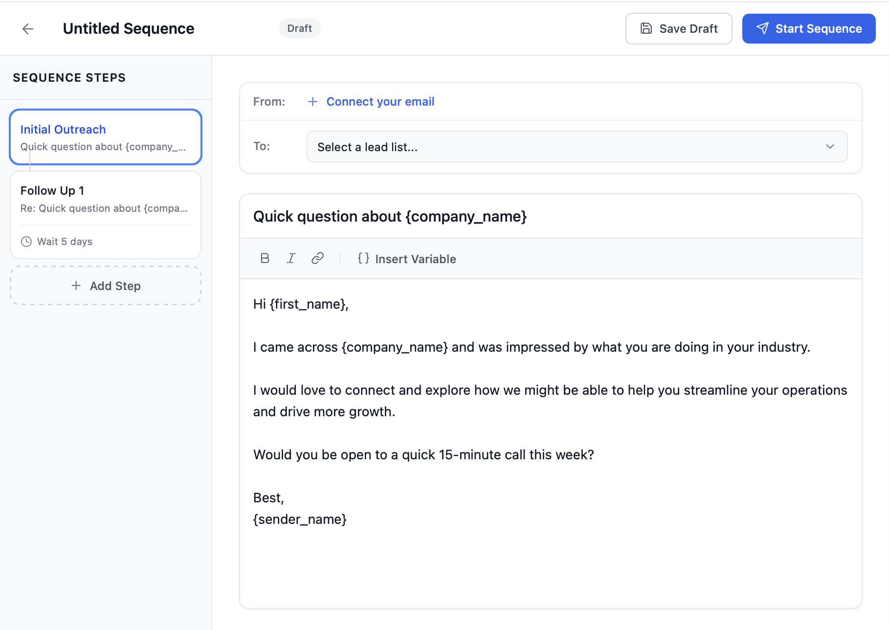 Openmart email sequence editor with personalized outreach template