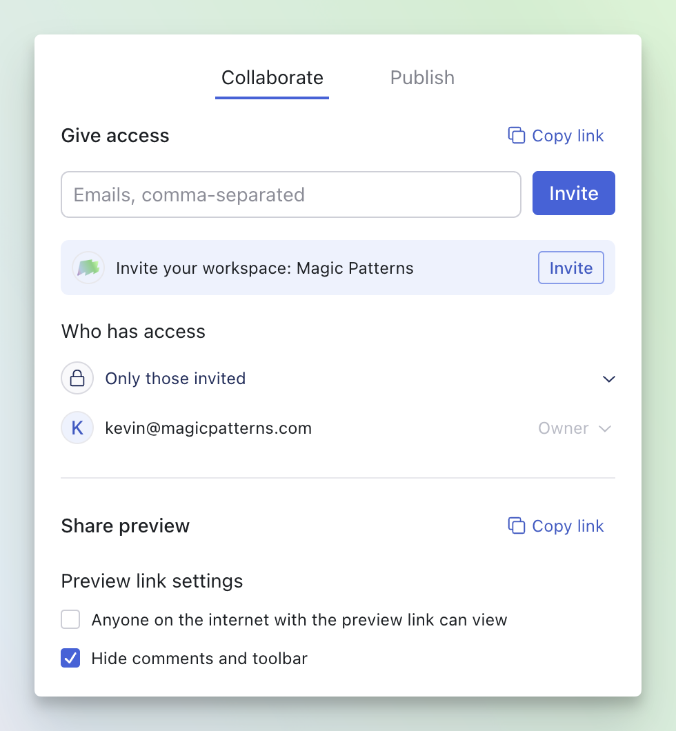 Unified Share panel — Collaborate tab
