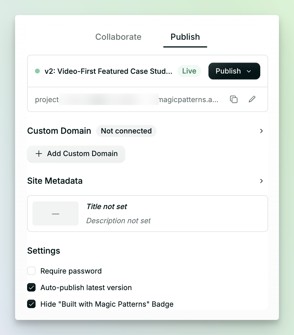 The Publish tab in the Share panel